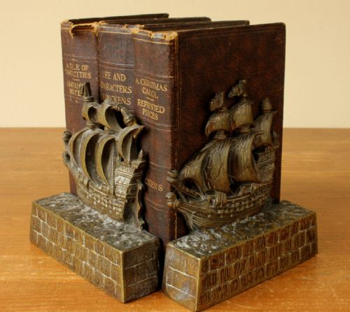 fig 1. Antique Pair of Brass Galleon Sailing Ship Bookends.