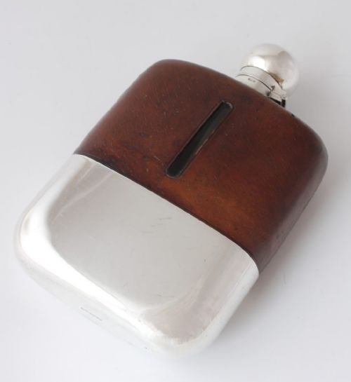 Large James Dixon Silver Plate, Glass & Leather Spirit Hip Flask & Cup.