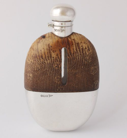 Silver Snakeskin Leather Spirit Hip Flask with Cup. Walker & Hall.