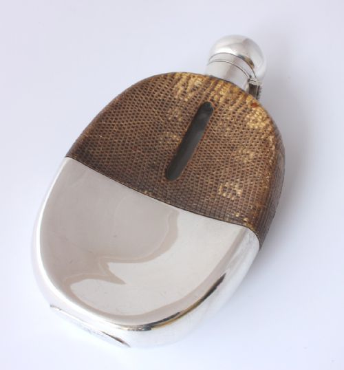 fig 1. Silver Snakeskin Leather Spirit Hip Flask With Cup. Walker & Hall.