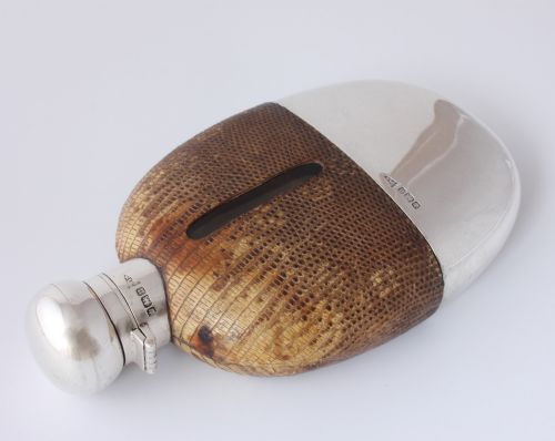 fig 2. Silver Snakeskin Leather Spirit Hip Flask With Cup. Walker & Hall.