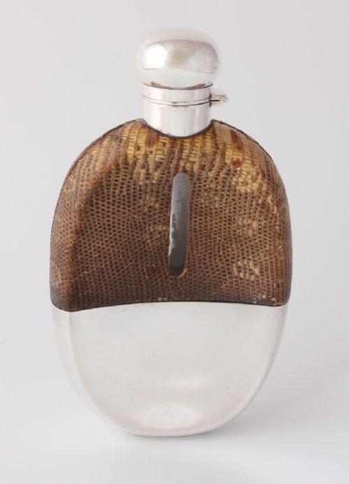fig 3. Silver Snakeskin Leather Spirit Hip Flask With Cup. Walker & Hall.
