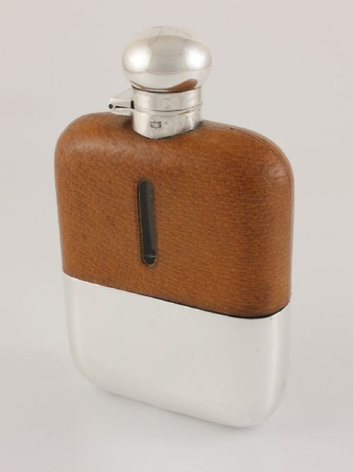 fig 1. James Dixon Silver Plate & Leather Spirit Hip Flask & Cup.