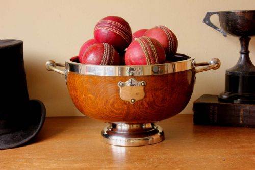 fig 1. English Oak Silver Plated Trophy Bowl & 12 Leather Cricket Balls.