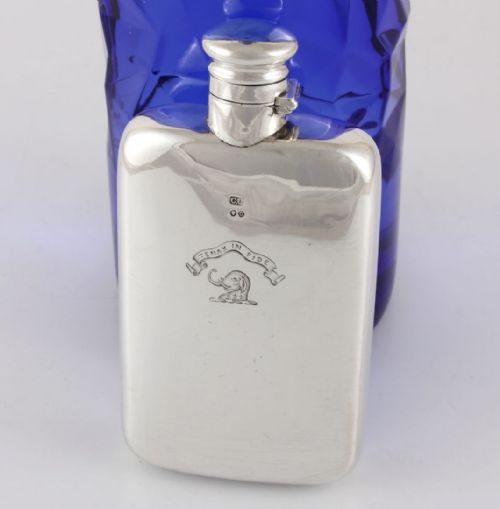 Silver Elephant Hip Flask. Tenax in Fide. 1888.
