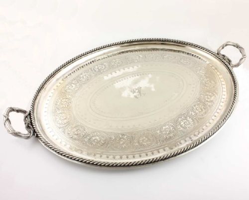 fig 3. Large Elkington Silver Plate Butlers Tray With Rope Handles.