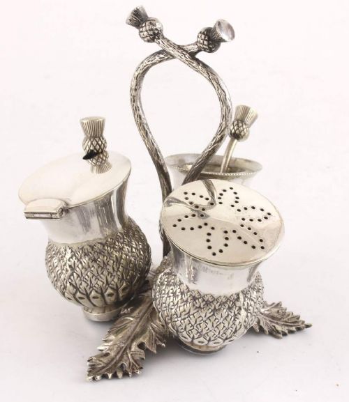 Scottish Thistle Silver Plate Condiment Set.
