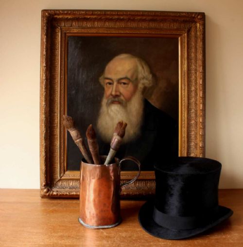 fig 1. French Paint Brushes In Rustic Copper Pot