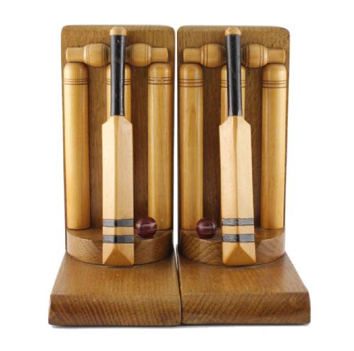 Pair of Oak Handmade Cricket Bat & Ball Bookends by Thornton-smith Co.
