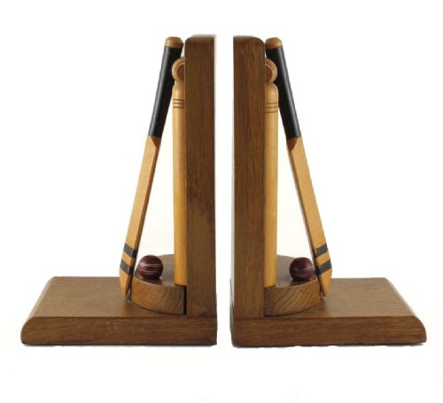 fig 1. Pair of Oak Handmade Cricket Bat & Ball Bookends by Thornton-Smith Co.