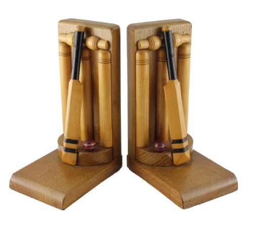 fig 2. Pair of Oak Handmade Cricket Bat & Ball Bookends by Thornton-Smith Co.