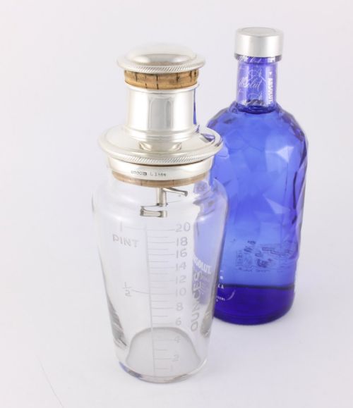 fig 1. Silver Plate & Etched Glass Measure Cocktail Shaker.