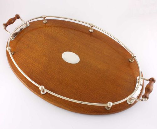 English Oak & Silver Plate Gallery Cocktail Tray.