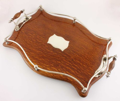 Oak & Silver Plate Gallery Cocktail Drinks Bar Tray.
