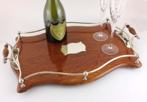 fig 1. Oak & Silver Plate Gallery Cocktail Drinks Bar Tray.