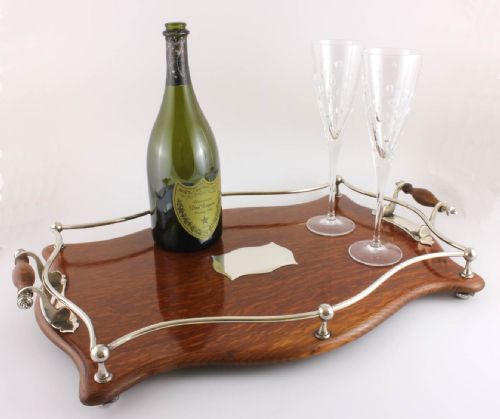 fig 2. Oak & Silver Plate Gallery Cocktail Drinks Bar Tray.