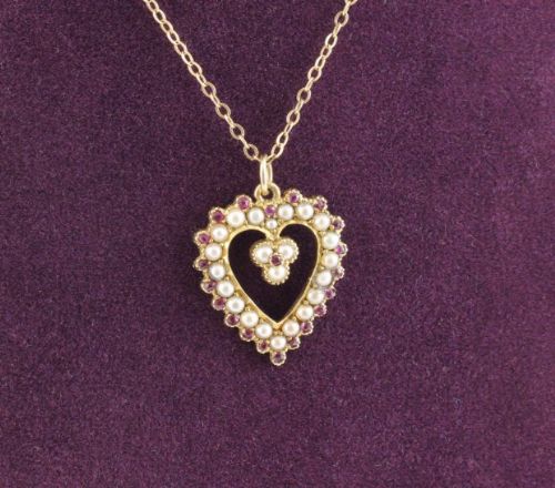 15ct Gold, Pearl & Ruby Heart Pendant Necklace.