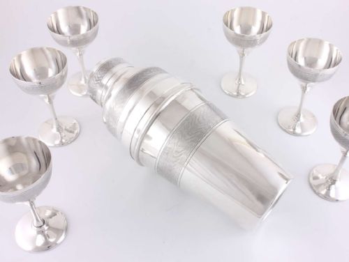 fig 1. Art Deco Engine Turned Silver Plate Cocktail Shaker & 6 Goblet Set.