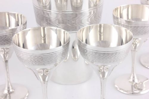 fig 2. Art Deco Engine Turned Silver Plate Cocktail Shaker & 6 Goblet Set.