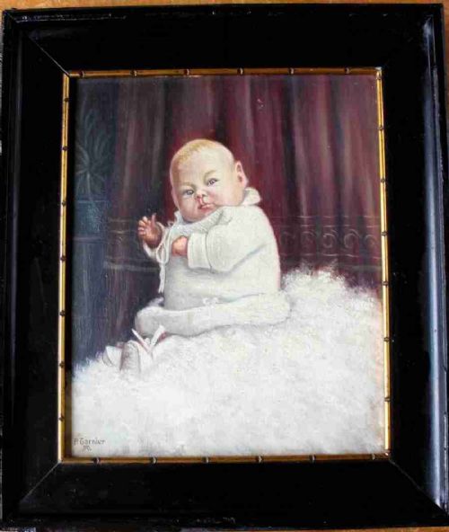 Framed Baby Portrait Oil Painting. P Garnier.