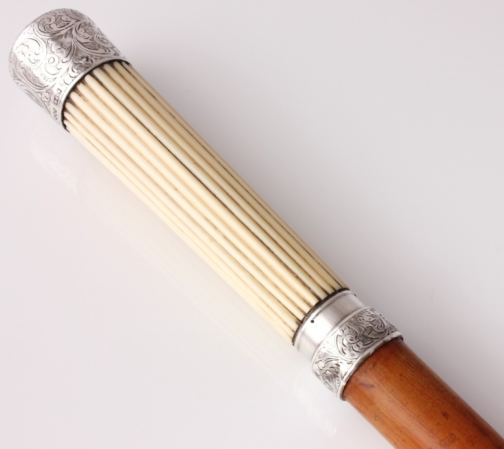 Malacca, Silver & Ivory Walking Stick Cane. Hallmarked B&Co 1888