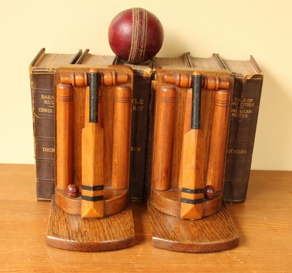 Pair Of Oak Handmade Thornton-Smith Company Cricket Bat & Ball Bookends. c1930's