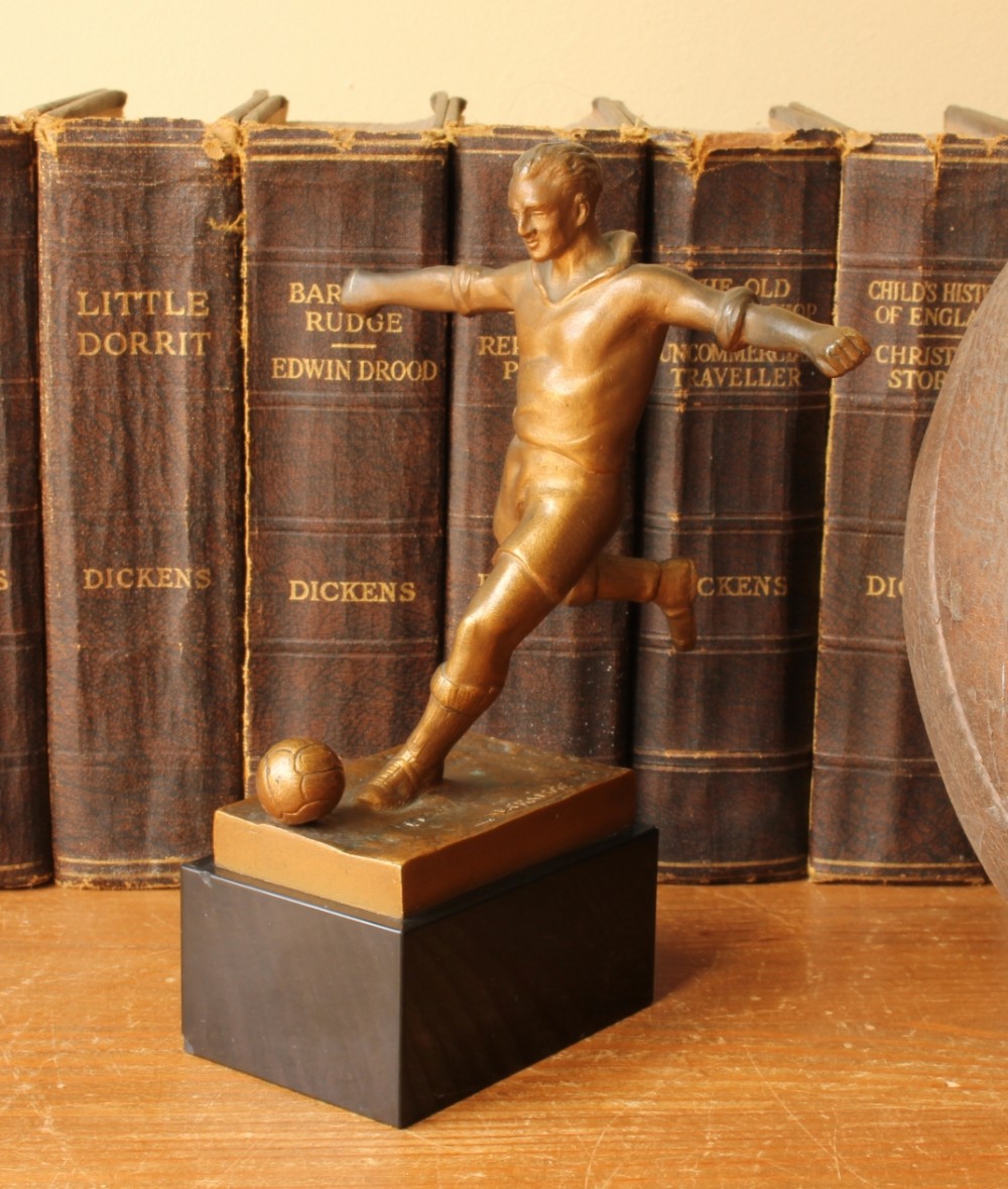 Bronze Footballer Statue E Fraisse. Figure of Soccer Player & Football