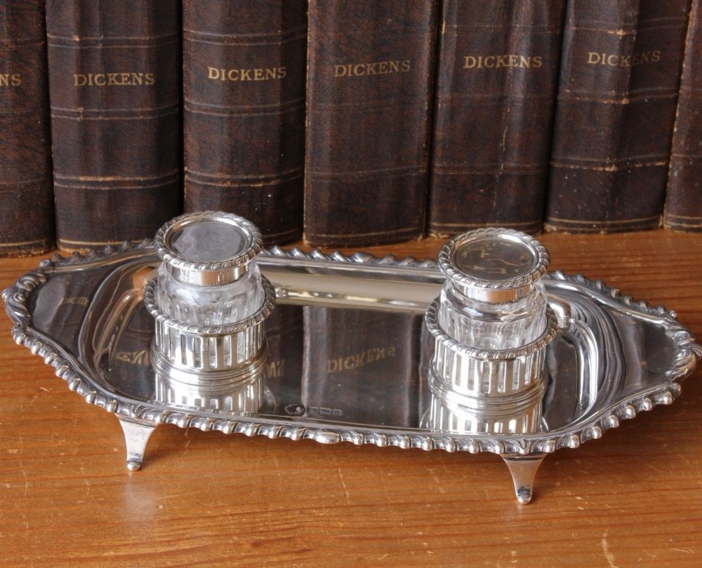 Edwardian Silver & Cut Glass Double Inkwell Desk Pen Stand. Hallmarked William Hutton 1907