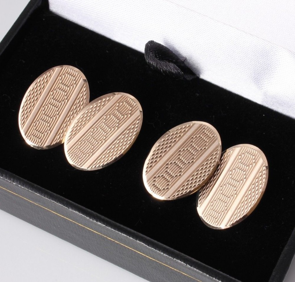 9ct Solid Gold Vintage Oval Engine Turned Cufflinks. Heavy 1959. Gift Boxed.