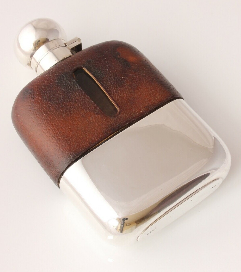 Leather Covered Spirit Hip Flask With Silver Cup & Flip Top James Dixon 1942