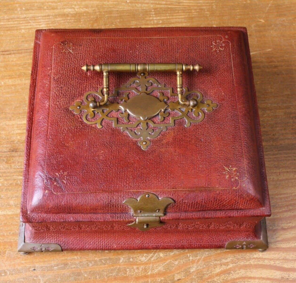 French Louis XVI Style Leather Brass Sarcophagus Shaped Jewellery Trinket Sewing Box.