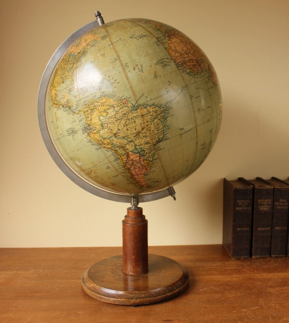 Large Terrestrial World Desk Globe on Art Deco Compass Base.