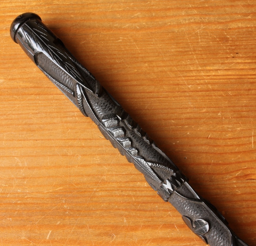 Irish Bog Oak Walking Stick Cane With Carved Snake, Fern Leaf, Clover.