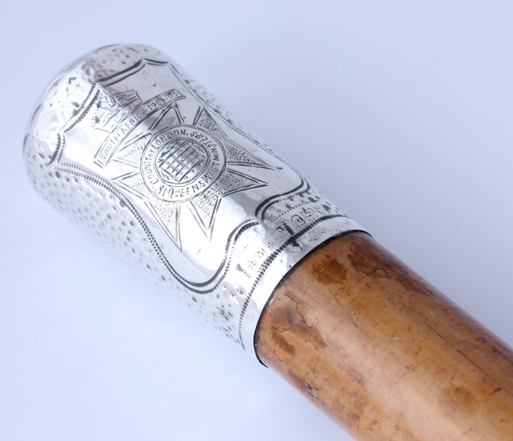 WW1 Silver Malacca Walking Cane. 16th County of London Queens Westminsters