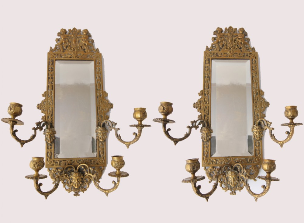 Pair French Brass Ornate Wall Mirrors. 