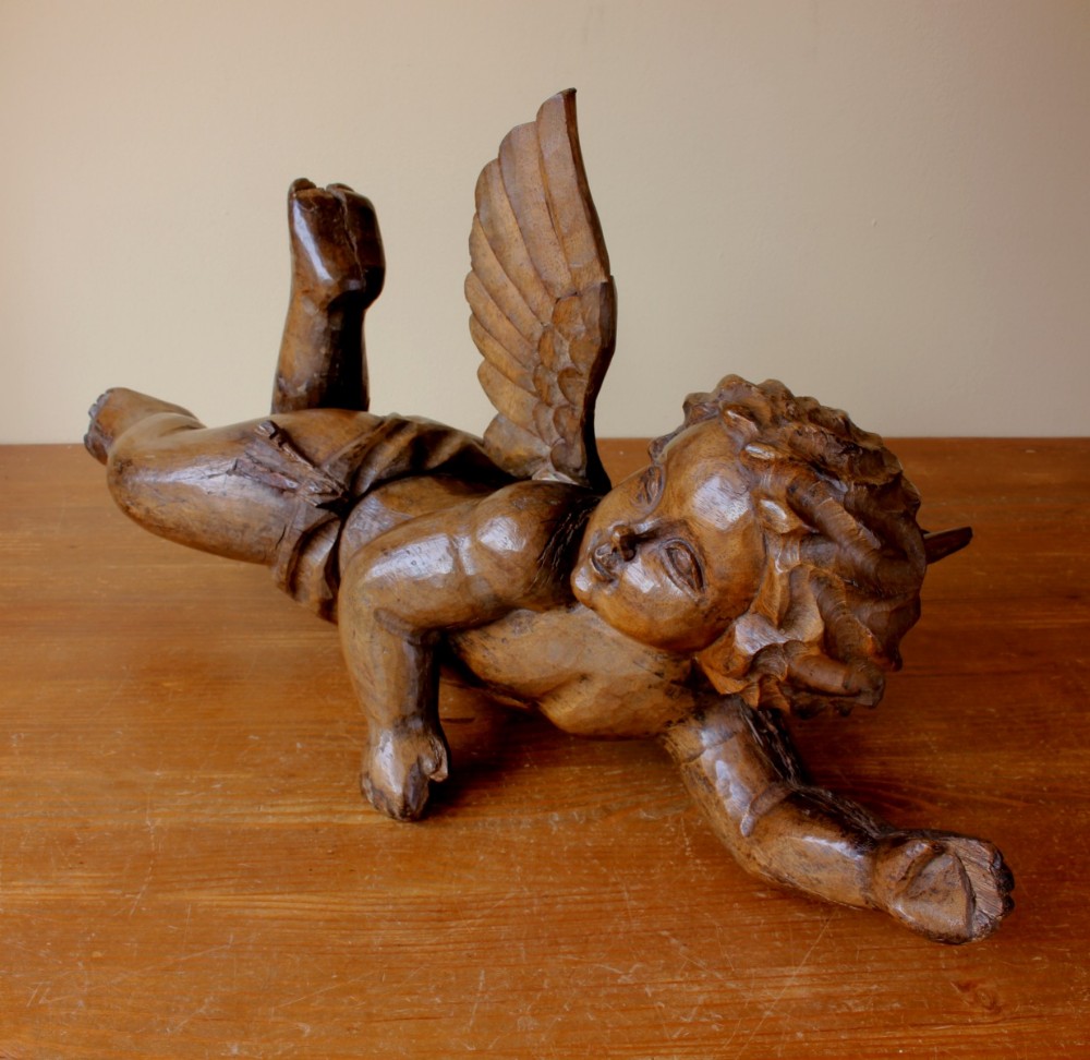 19th Century Carved Wooden Winged Cherub Putti Figure