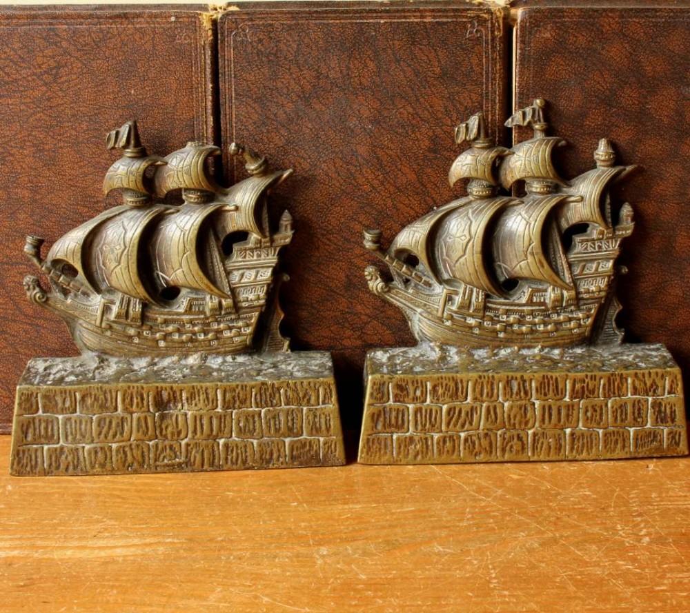 Antique Pair of Brass Galleon Sailing Ship Bookends.