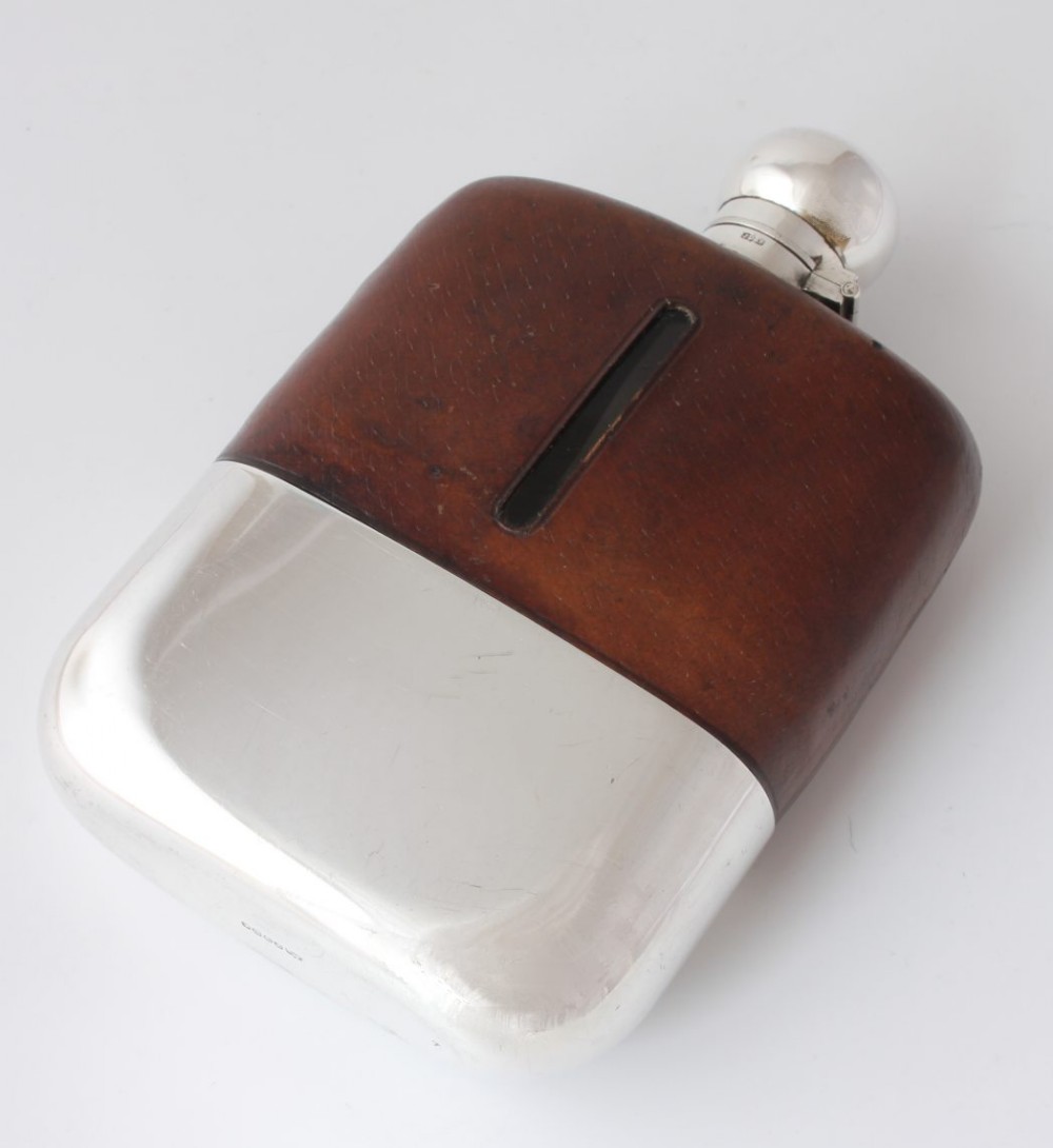 Large James Dixon Silver Plate, Glass & Leather Spirit Hip Flask & Cup.