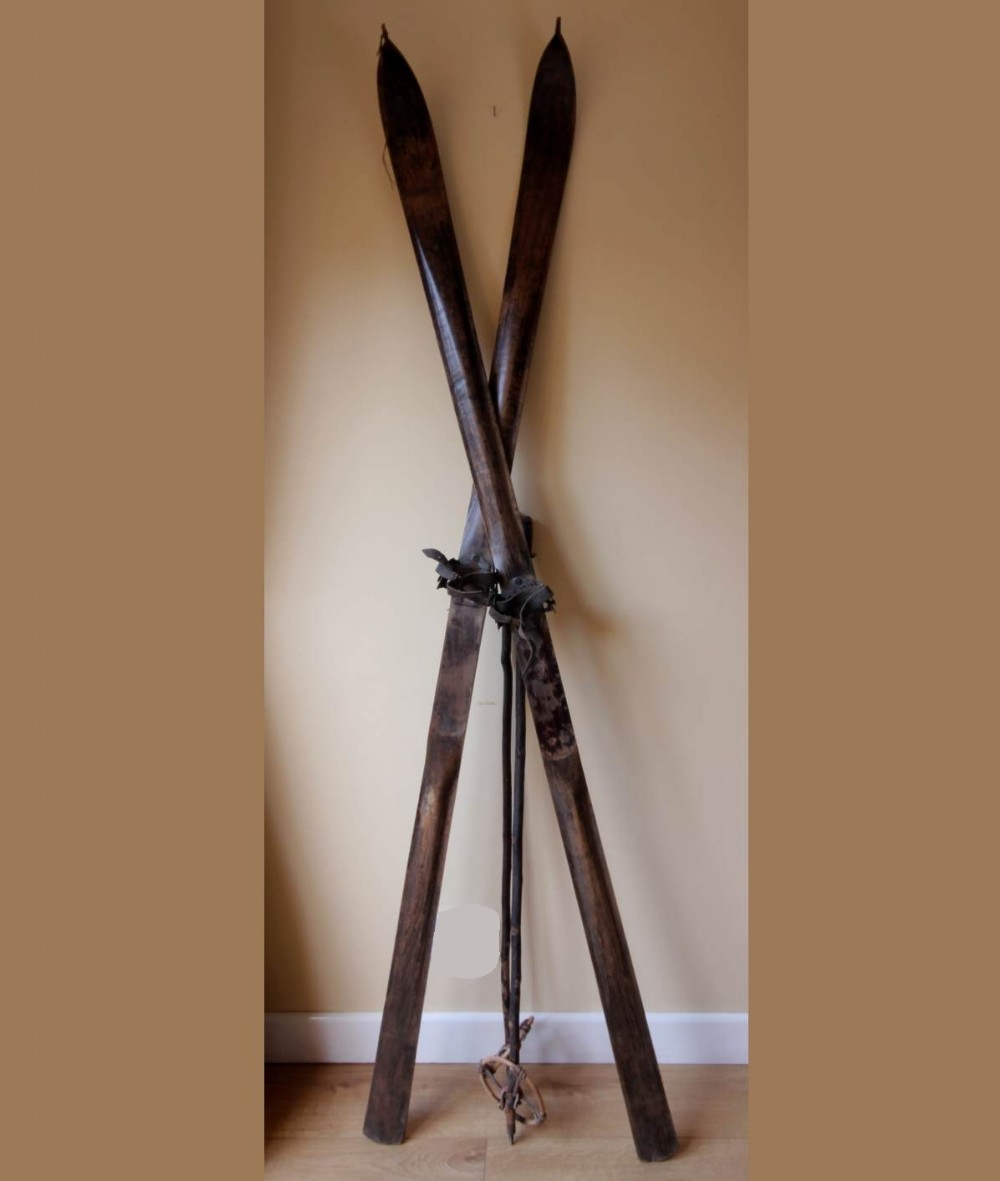 Antique Wooden Skis & Poles. 