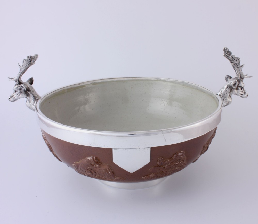 Doulton Stoneware & Silver Plate Stag Head Punchbowl