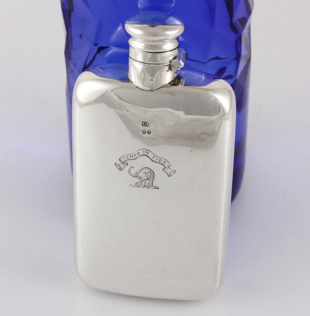 Silver Elephant Hip Flask. Tenax In Fide. 1888.