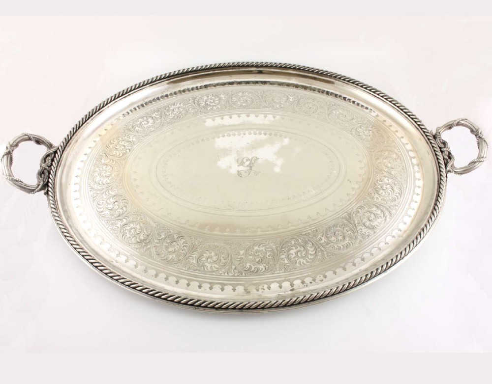 Large Elkington Silver Plate Butlers Tray With Rope Handles. 