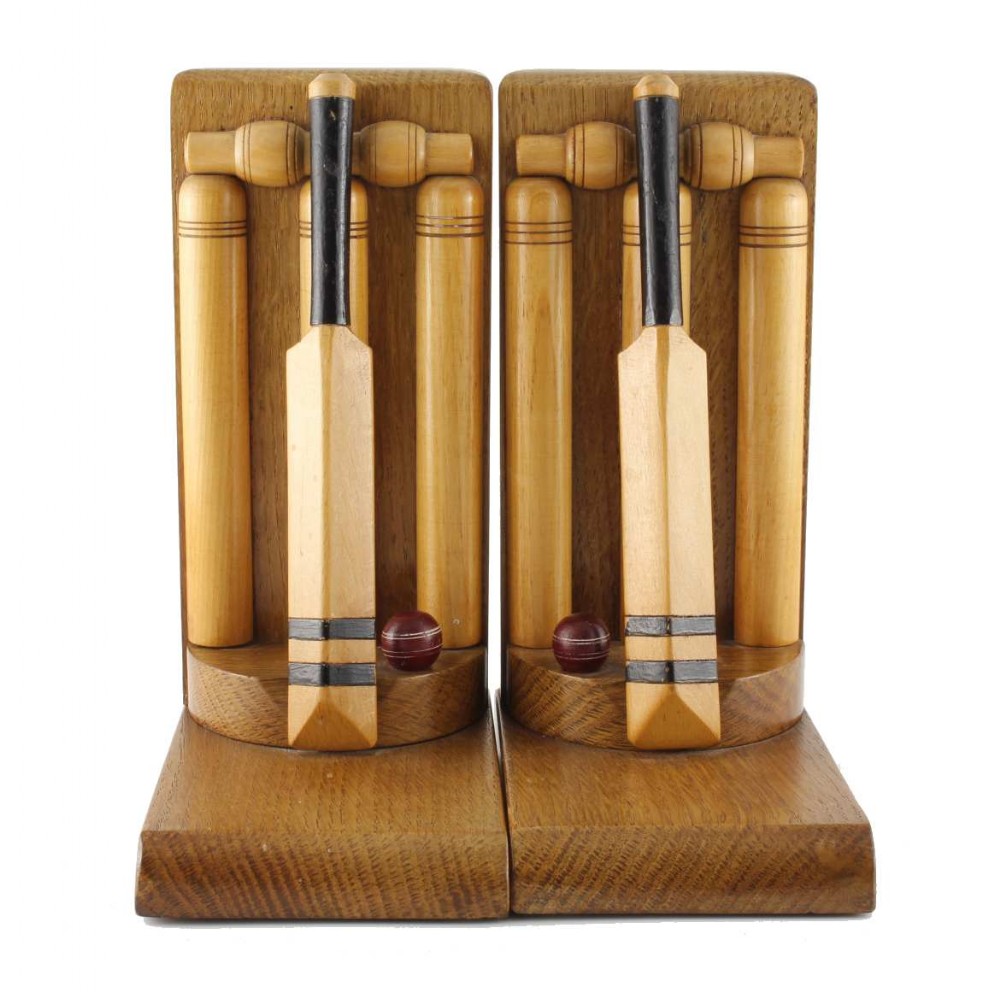 Pair of Oak Handmade Cricket Bat & Ball Bookends by Thornton-Smith Co.