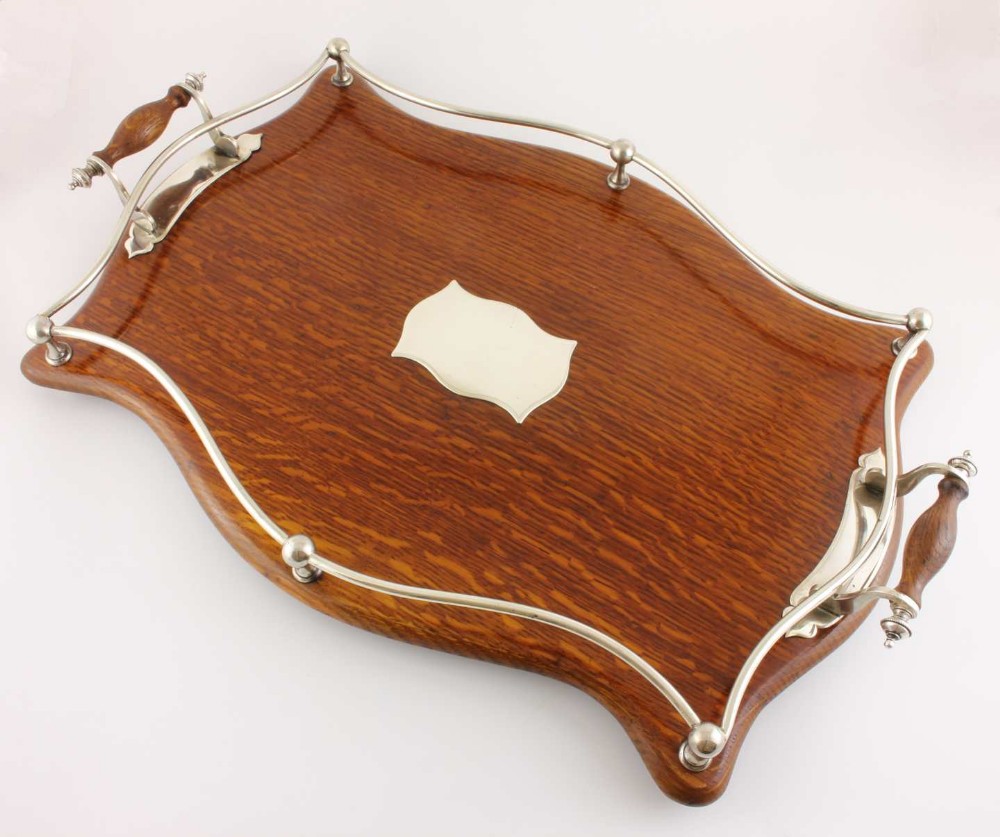 Oak & Silver Plate Gallery Cocktail Drinks Bar Tray.