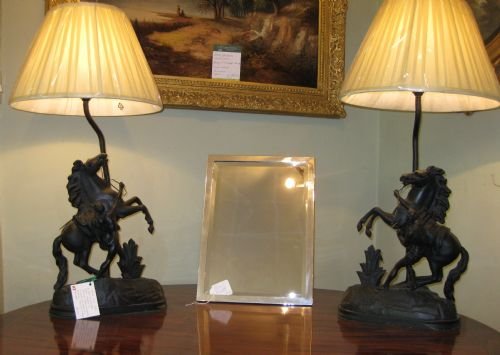 A Pair of Large Spelter Marlie Horse Lamps