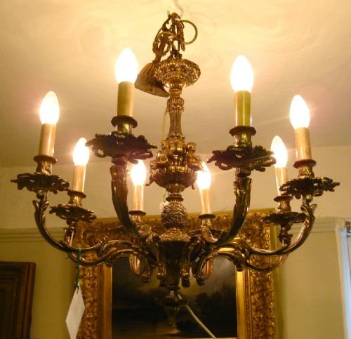 Edwardian Brass Chandelier with Cherubs