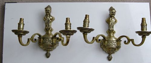 Pair Heavy Brass Cherub Wall Lights