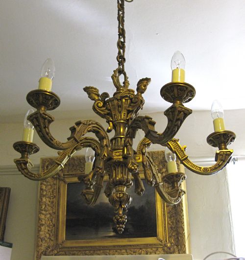Edwardian Brass Six Arm Chandelier