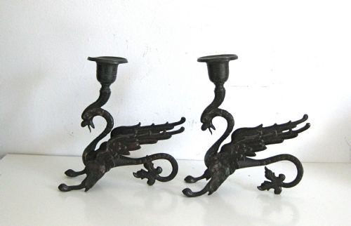 Pair Victorian Bronze Dragon Candlesticks