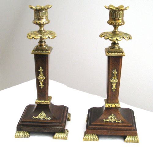 Pair Victorian Oak and Brass Candlesticks